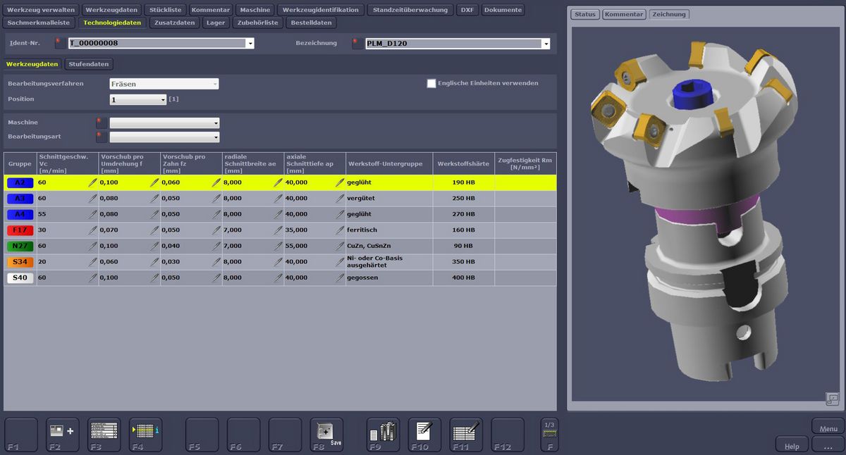 Technologiedaten Sachmerkmale ZOLLER Screenshot 